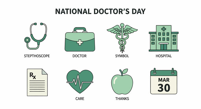 Eight icons related to National Doctors Day stethoscope bag symbol hospital prescription heart apple and calendar