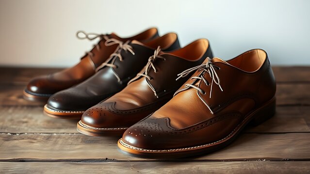 Handmade leather shoes showcased on a wooden surface, highlighting detailed craftsmanship with warm lighting.