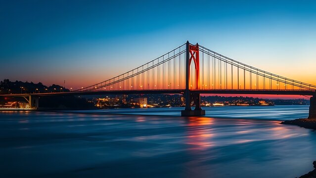 Silhouetted suspension bridge at dusk with city lights - Powered by Adobe
