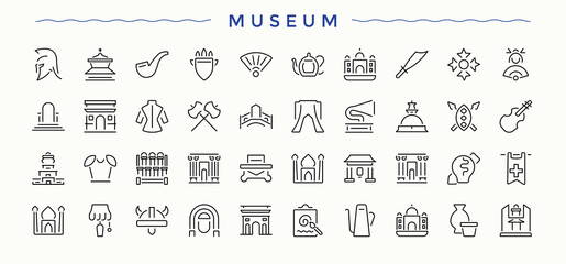 Museum icon set. Exhibition line icon set. Minimalist icons collection. Contains outline symbols like ancient, exhibition, artist, exhibit, historical, antique and more. Signs for web and mobile app.