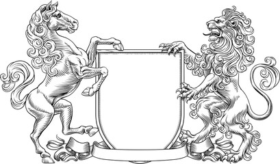 A heraldry crest lion and horse family coat of arms heraldic shield emblem design in an old medieval vintage style  © Christos Georghiou
