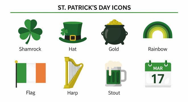 Eight icons representing St Patricks Day shamrock hat gold rainbow flag harp stout and calendar