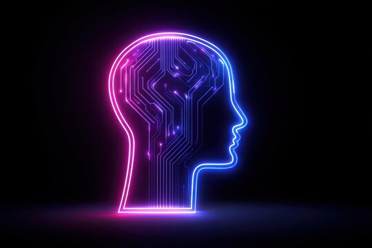Glowing neon human head outline, revealing intricate internal digital circuit board.