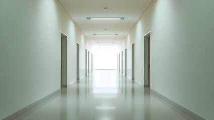 Long corridor with bright lights and minimalist architectural lines.