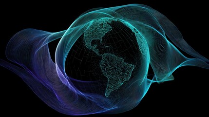 Digital Earth globe with glowing continents and flowing, abstract cyber waves