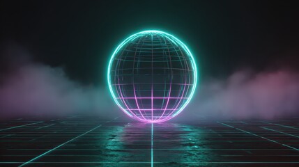 Futuristic glowing wireframe globe in neon cyan and pink on a smoky grid floor.
