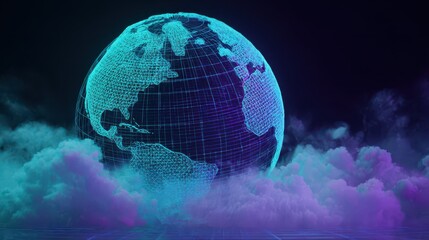 Futuristic glowing wireframe Earth globe amidst vibrant neon clouds.