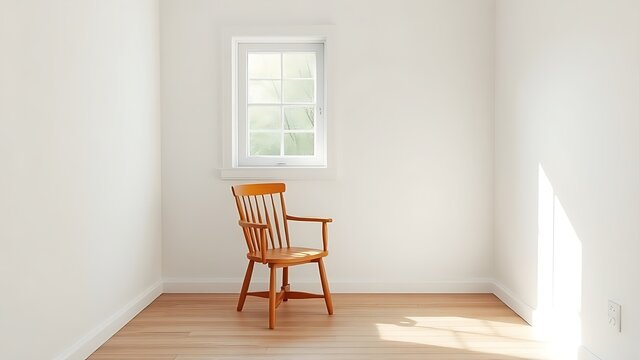 A minimalist wooden office corner with a single chair and natural light on white walls.