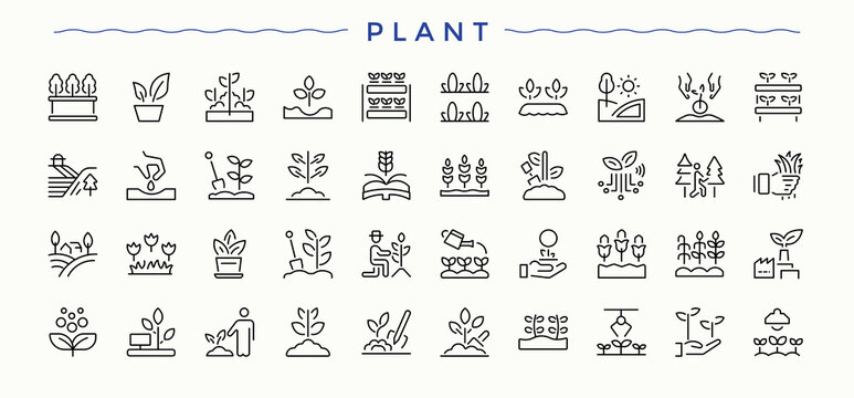 Plant line icon set. Icons for website. Pictograms of harvest, gardening, agriculture, garden, farm. Vector illustration. Gardening icon set in linear style.