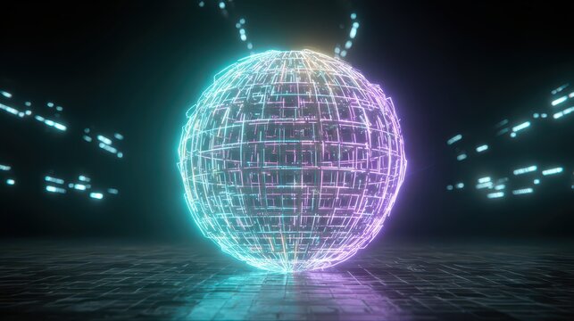 Vibrant neon wireframe sphere illuminating a futuristic digital dark grid.