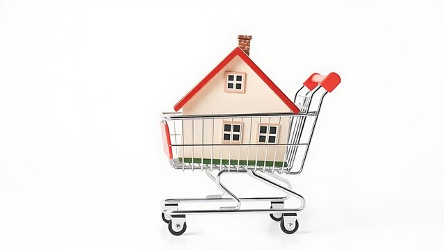 Miniature house model in a shopping cart, symbolizing the concept of home buying.