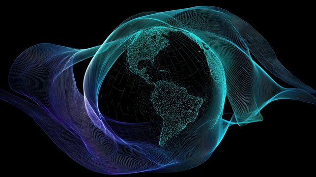 Digital Earth globe with glowing continents and flowing, abstract cyber waves