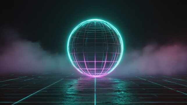 Futuristic glowing wireframe globe in neon cyan and pink on a smoky grid floor.