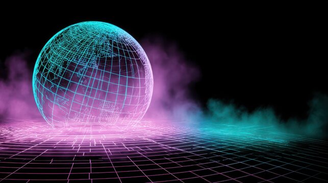 Futuristic wireframe globe on a vibrant neon grid with smoky effects. - Powered by Adobe