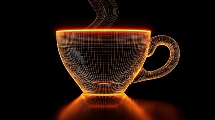 Futuristic glowing wireframe coffee cup with steam on a black background, digital art