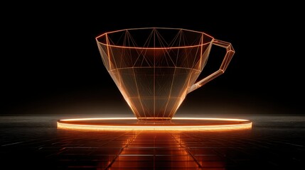 Abstract 3D rendered cyber coffee mug with glowing orange wireframe lines