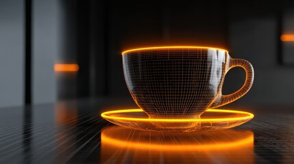 Glowing orange wireframe coffee cup on a futuristic digital grid background.