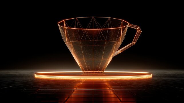Abstract 3D rendered cyber coffee mug with glowing orange wireframe lines - Powered by Adobe