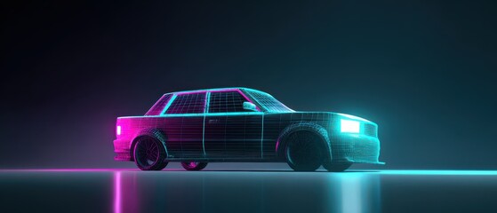 Sleek wireframe car model glowing with retro-futuristic pink and cyan neon lights