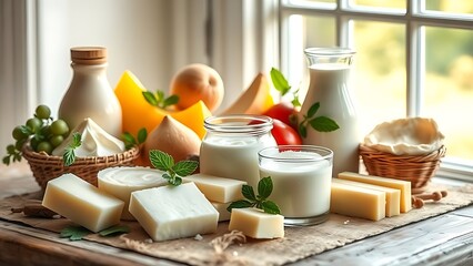 Fresh dairy products arranged artistically on a rustic wooden surface with warm morning light.
