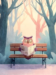 Illustration of a cute owl wearing glasses reading a newspaper on a park bench among trees.