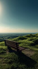 Fototapeta premium Sunny View From a Bench Overlooking Rolling Hills and Distant Valleys at Midday