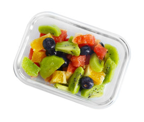 Tasty fruit salad in glass container isolated on white, top view. Healthy snack
