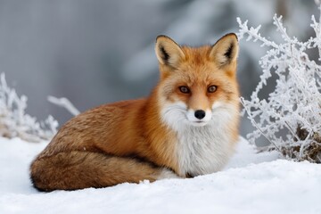 Obraz premium Red fox resting in deep winter snow habitat