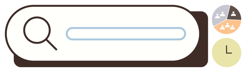 Magnifying glass, search bar, pie chart, and clock icons. Ideal for research, data analysis, time management, productivity efficiency information retrieval. Simple flat metaphor