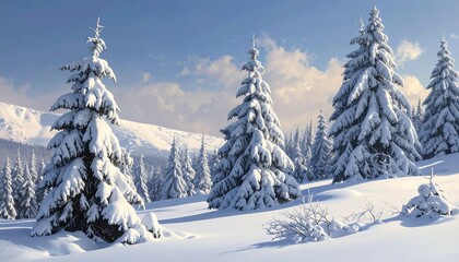 Majestic snow covered fir trees in a winter wonderland landscape scene