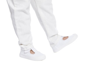 Little girl wearing stylish shoes on white background, closeup