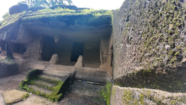 Interior View of the Ancient Rock-Cut Cells or Viharas (Monks' Quarters) at the Kanheri Caves Complex, Highlighting the Buddhist Architectural Design in Mumbai, Maharashtra