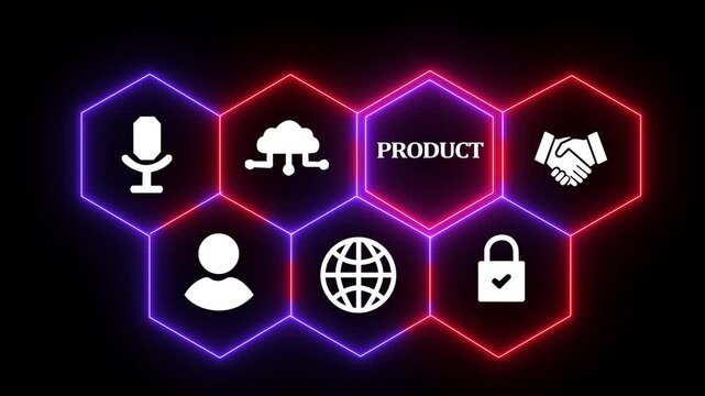 Glowing neon line Product Transfer concept button on a futuristic computer screen. technology background with rotating world map icon, Business.4k