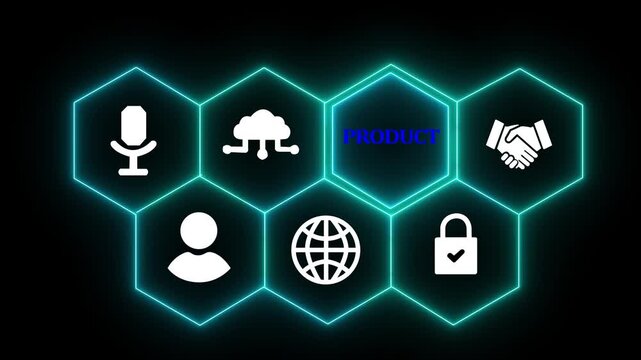 Glowing neon line Product Transfer concept button on a futuristic computer screen. technology background with rotating world map icon, Business.4k