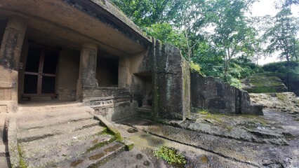 Ancient Buddhist Rock-Cut Cave Exterior Structure at the Kanheri Caves Complex in Sanjay Gandhi...