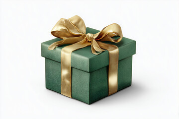 Fototapeta premium Green gift box tied with golden ribbon and bow isolated on transparent background side view