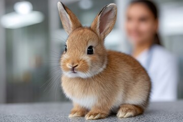 Cute brown rabbit having check up at vet clinic