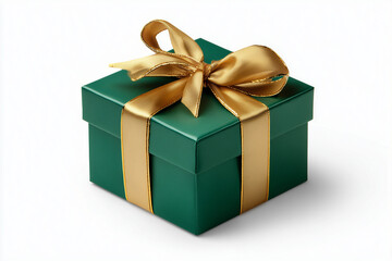 Obraz premium Green gift box tied with golden ribbon and bow isolated on transparent background side view