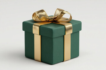 Obraz premium Green gift box tied with golden ribbon and bow isolated on transparent background side view