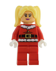 Naklejka premium Dortmund - Deutschland 13. November 2025 - Lego Figur blonde Frau im Nikolaus Kostüm - Studio Aufnahme