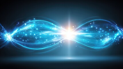 Fototapeta premium Abstract blue light waves, sparkling particles, and a bright central glow.