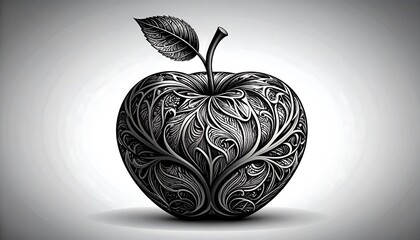 Ornate Apple with Detailed Floral Patterns, Black and White Creative Illustration