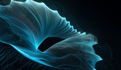 A dark background provides the setting for a long, curved blue line that is shiny and reflective