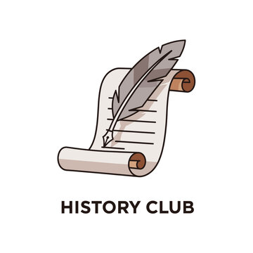 A stylized illustration depicting a quill pen resting on a scroll with lines. Below reads History Club