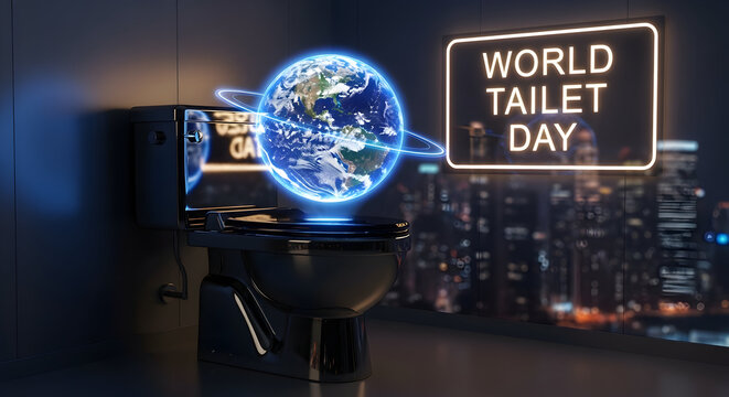 World toilet day global sanitation and earth hologram concept