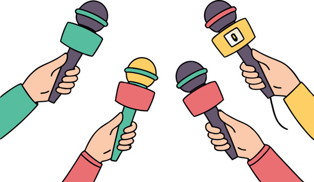 Isometric vector of multiple hands holding vibrant microphones for interview or media briefing, isolated on transparent background.