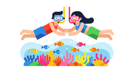 Obraz premium Joyful Couple Snorkeling Above the Ocean Reef with Underwater Life and Vibrant Colors