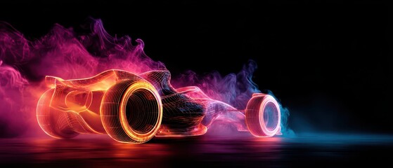 Obraz premium Dynamic neon wireframe racing car blazing through vibrant smoke trails