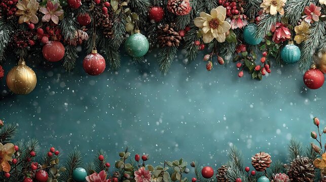 Vintage Christmas with pine branches ornaments pinecones berries on teal snowy background, elegant winter scene.