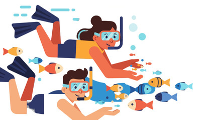 Obraz premium Joyful Couple Snorkeling Together, Interacting With Diverse, Colorful Marine Life